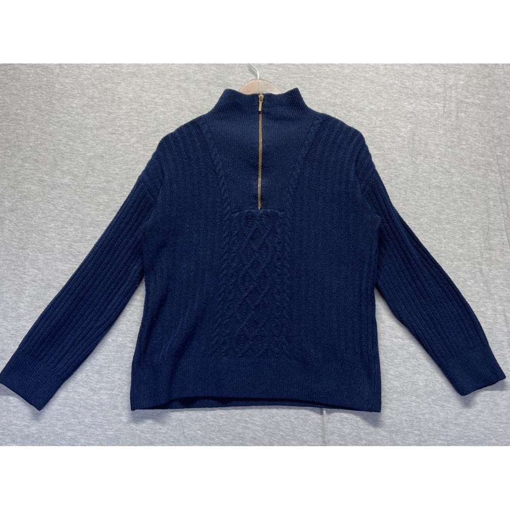 St. John's Bay Sweater Womens Large Navy Blue Tight Knit Quarter Zip Ribbed Trim